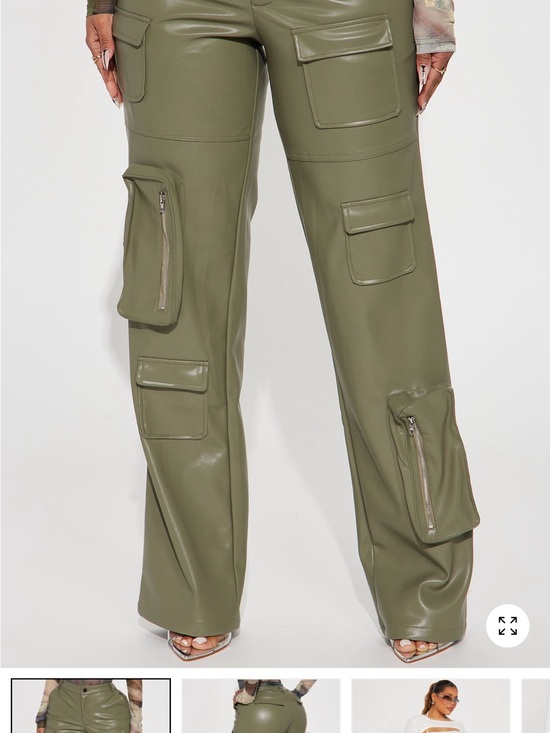 Fashion Nova Pants - Fashion Nova Olive Green Faux Leather Cargo Wide Leg Pants